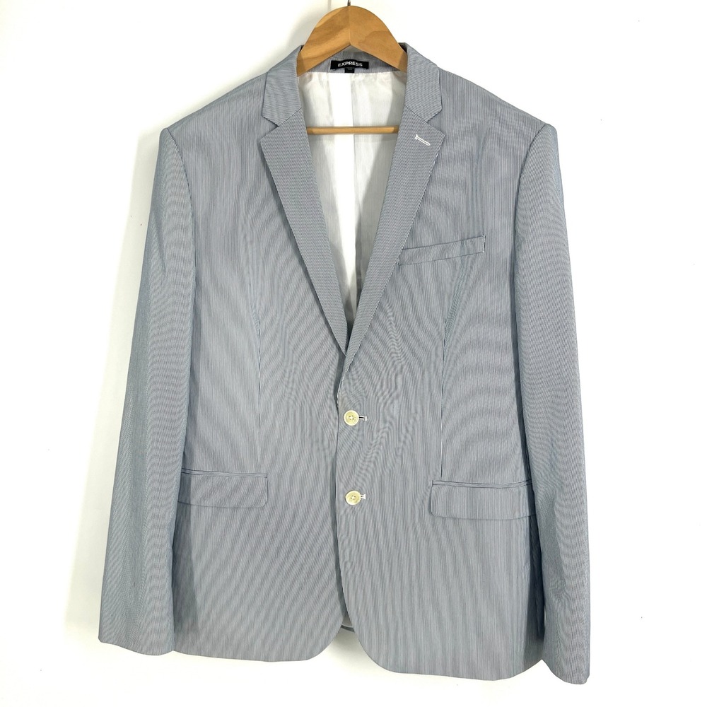 Express Mens Slim Fit Seersucker Stripe Blazer Jacket Blue White 44R 400270